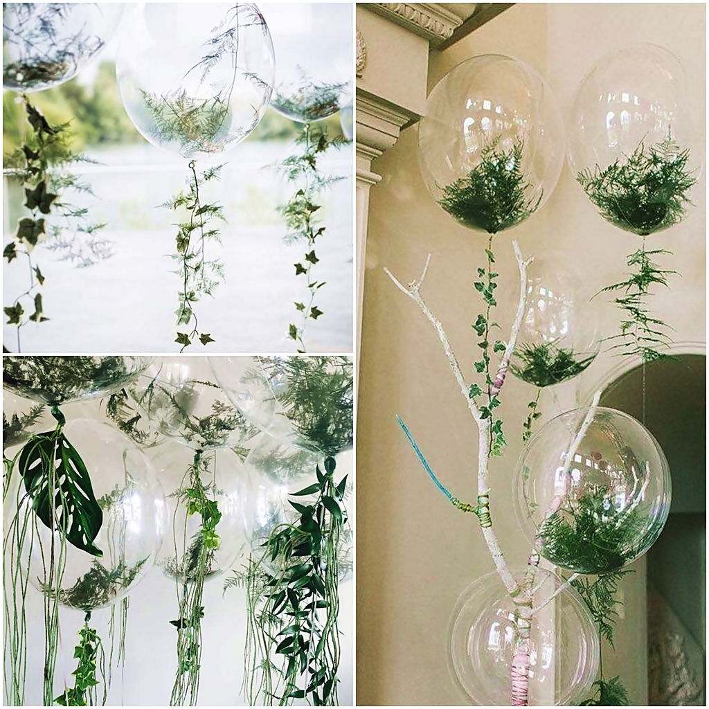 Kolaż zdjęć, dekoracje weselne z wykorzystaniem balonów. Balony przeźroczyste z zielonymi roślinami. Styl greenery